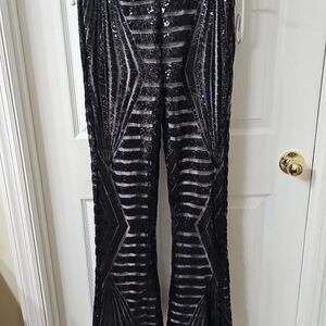Crystal Sky Black Sequin Geometric Mesh Flare Pants Size S